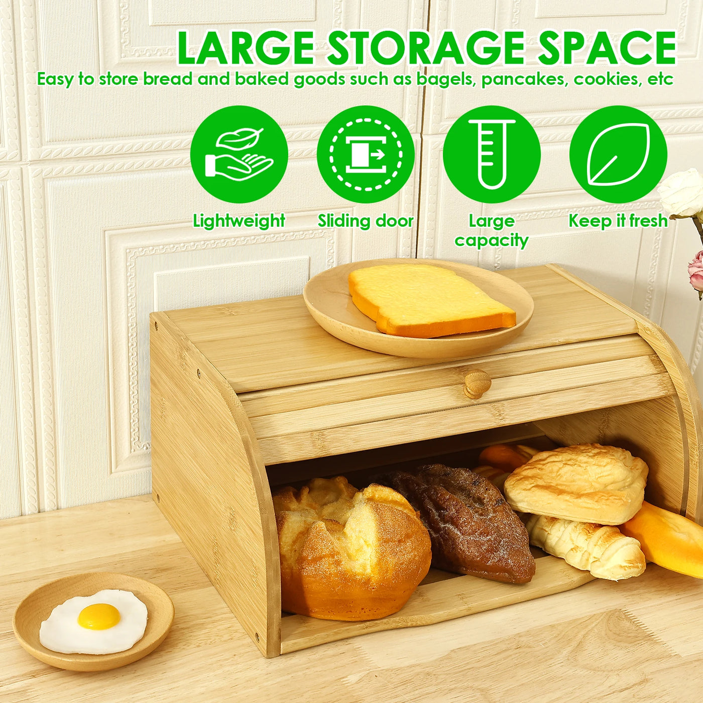 Bamboo Bread Storage Box Large Capacity Keep fresh Storage Bin Bread Cookies Food Storage Containers with Roll Lid Sliding door