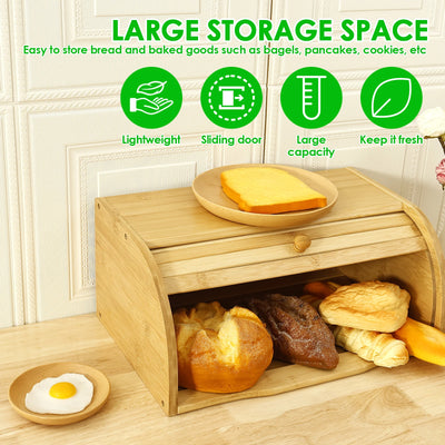 Bamboo Bread Storage Box Large Capacity Keep fresh Storage Bin Bread Cookies Food Storage Containers with Roll Lid Sliding door