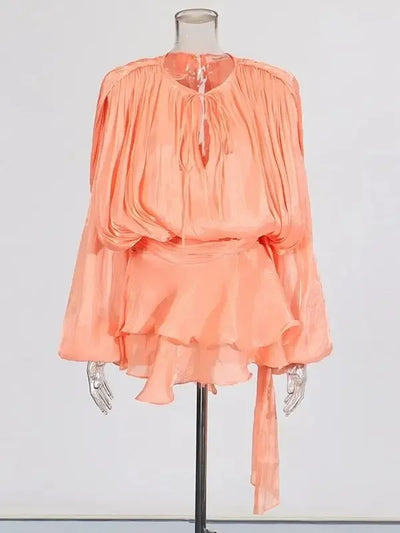 TWOTWINSTYLE Solid Blouse Mini Dresses For Women V Neck Long Sleeve Spliced Lace Up Sweet Style Dress Female Clothing Fashion