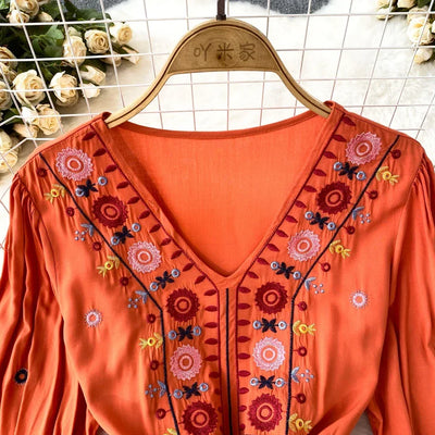 Boho Dress for Women Embroidery Floral Print V-neck Elastic Waist Lace-up Dresses with Belt Summer Vestidos Folds Dropshipping