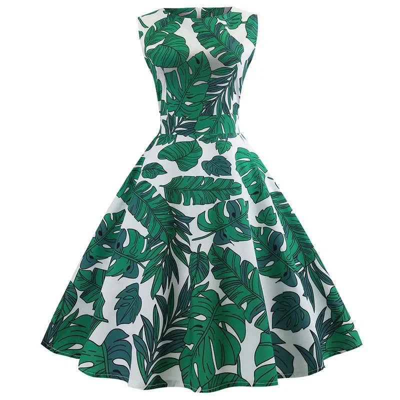 Women's Summer Sleeveless Midi Dress Green Leaf Print O-Neck Retro Vintage Party Robe Casual Elegant Female Clothing