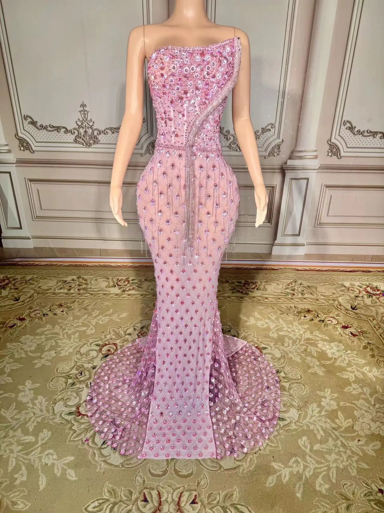 New Sparkly Rhinestones Pearls Floor-length Feathers Dress Women Birthday Celebrate Wedding Evening Prom Dress Photo Shoot Wear