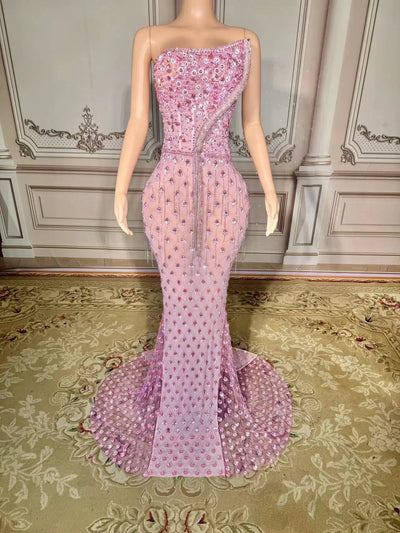 New Sparkly Rhinestones Pearls Floor-length Feathers Dress Women Birthday Celebrate Wedding Evening Prom Dress Photo Shoot Wear
