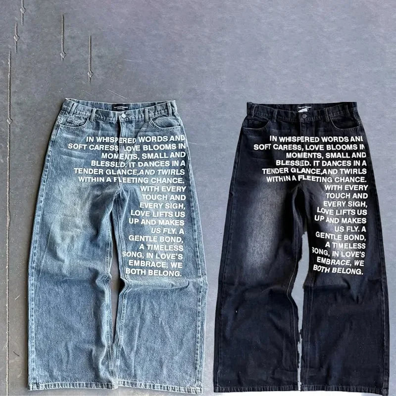 Y2K men Jeans gothic American Pattern letter jeans vintage Casual men women Harajuku Fashion streetwear Hip Hop wide leg jeans