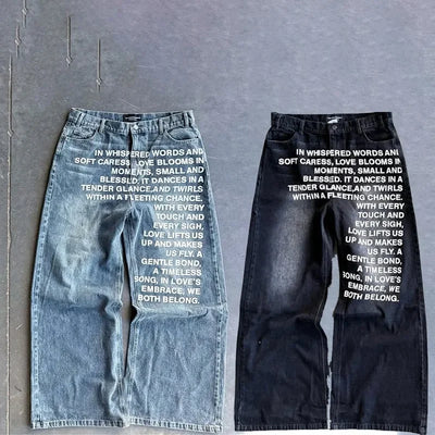 Y2K men Jeans gothic American Pattern letter jeans vintage Casual men women Harajuku Fashion streetwear Hip Hop wide leg jeans
