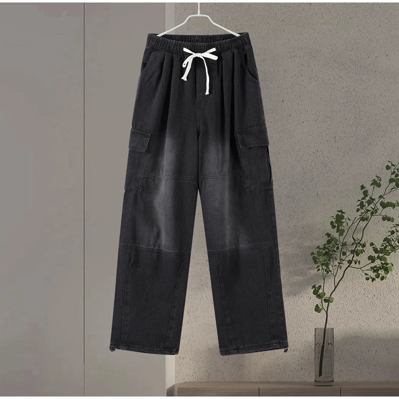 Denim Trousers For Men Adjustable Drawstring Y2k Versatile Baggy Cargo Jeans Men's Hippie Jogging Wide leg Pants Male Streetwear