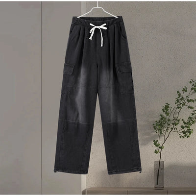 Denim Trousers For Men Adjustable Drawstring Y2k Versatile Baggy Cargo Jeans Men's Hippie Jogging Wide leg Pants Male Streetwear