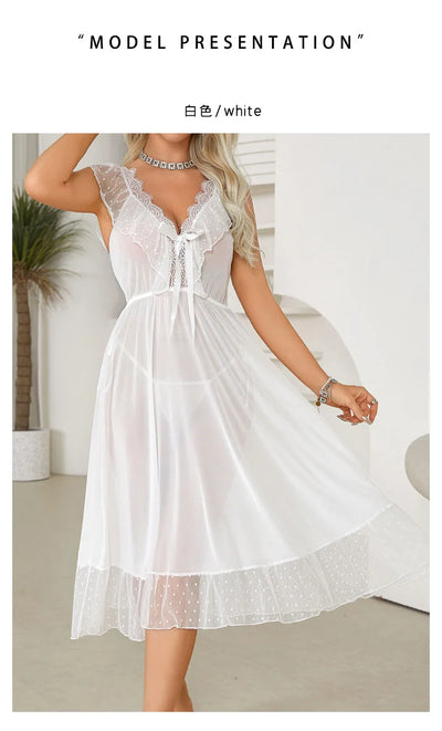 Women's Sexy Lingerie Nightgown Semi Sheer Babydoll Sleepwear Dress With Polka Dots Bow Knot Decor Summer Mesh V-Neck Loungewear