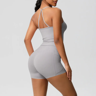 2PCS Sportswear With Pocketed Yoga Set Gym Clothes Yoga Suits For Women Tracksuits Sports Shorts Crossover Bra Gym Leggings