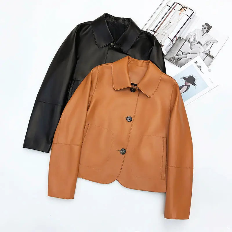 Women's Sheepskin Short Tops Harajuku Fashion Jassen Dames Slim Jaqueta De Couro Legítimo Square Collar Trendy Streetwear Coat