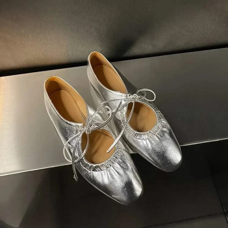 Women Ballet Leather Narrow Band Flat Shoes  Bling Silver,  Gold Footwear