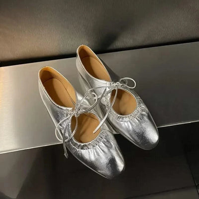 Women Ballet Leather Narrow Band Flat Shoes  Bling Silver,  Gold Footwear
