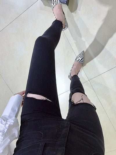 Skinny Pencil Slim Fit Women's Ripped Jeans 90s South Korea Cheap Summer Cowboy Pants for Woman Korean Fashion Xxl Torn Trousers
