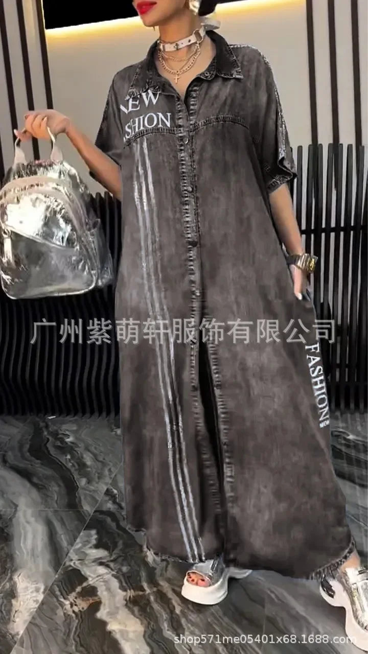 Denim Dress Women Long Dresses Letter Print Vestidos Single Breasted Turn Down Collar Distressed Maxi Gown Summer A Line