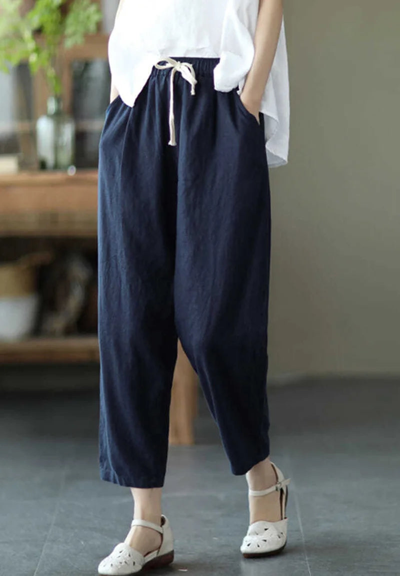2024 Spring Summer Cotton Linen Pants Women Solid Color Casual Ankle-length Pant Woman Lace-up Waist Loose Trousers