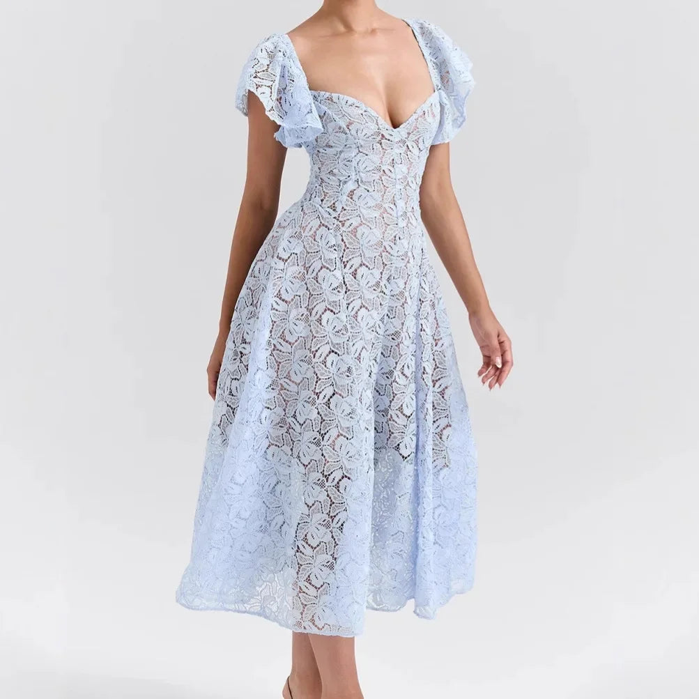 Elegant Flare Short Sleeve Flower Embroidery Long Prom Dresses Women Summer Holiday Low Cut Pleated Midi Evening Dress