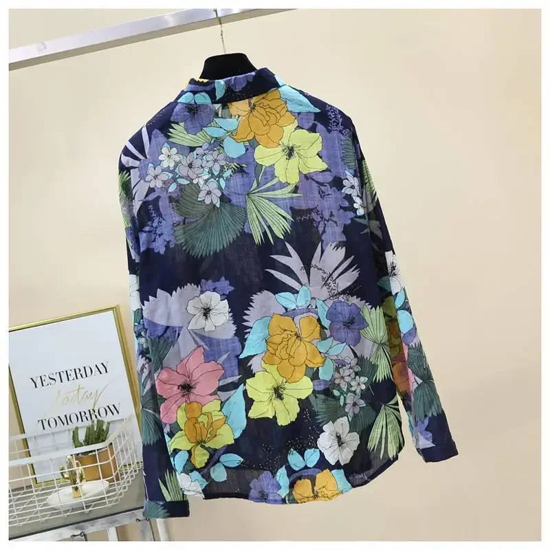 Spring Autumn Cotton Linen Casual Fashion Floral Print Shirt Ladies Loose All-match Sweet Blouse Femme Comfortable Top Women