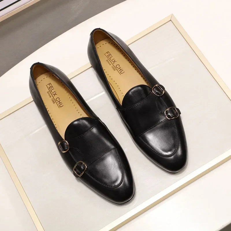 FELIX CHU Summer Autumn Men's Loafers Genuine Leather Hand Painted Monk Strap Men's Dress Shoes Wedding Party Mens Footwear