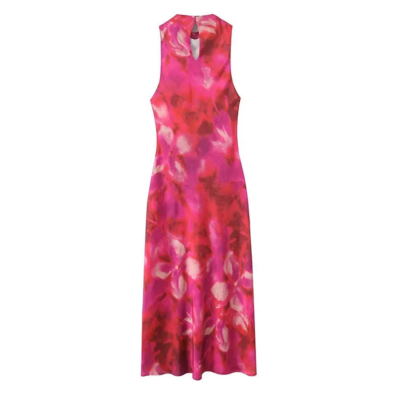 Women Printed Satin Midi Dress Spring Caual Women Back Button Sleeveless Dress Elegant Silk texture Female Chic Dress