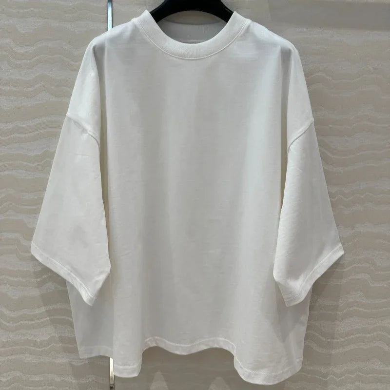 100% Cotton White Top Shoulder-loose High-end Short-sleeved Women T-shirt
