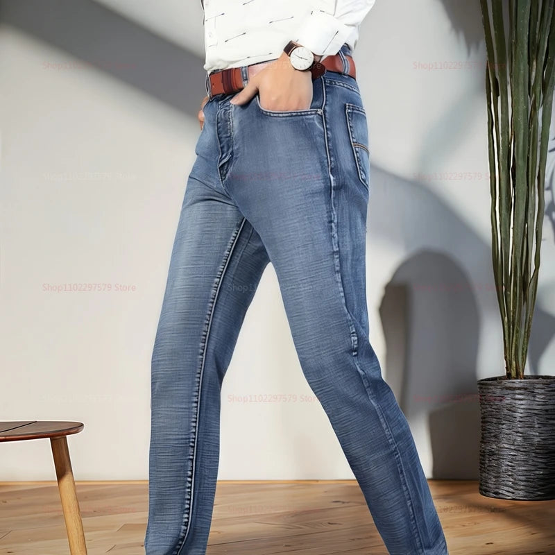 Men’s Denim Pants Spring Casual Business Straight Fit Loose Elastic Waist  Stylish Comfortable Pants for Work and Casual Wear