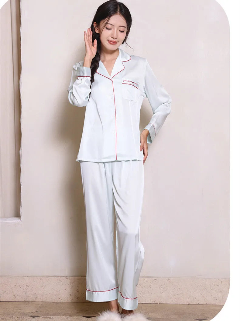 Women Sleepwear Loungewear Loose 2 Pieces Print Sweet Long Sleeve Lapel Neck Shirt Tops Elastic Waist Pants Pajamas Set