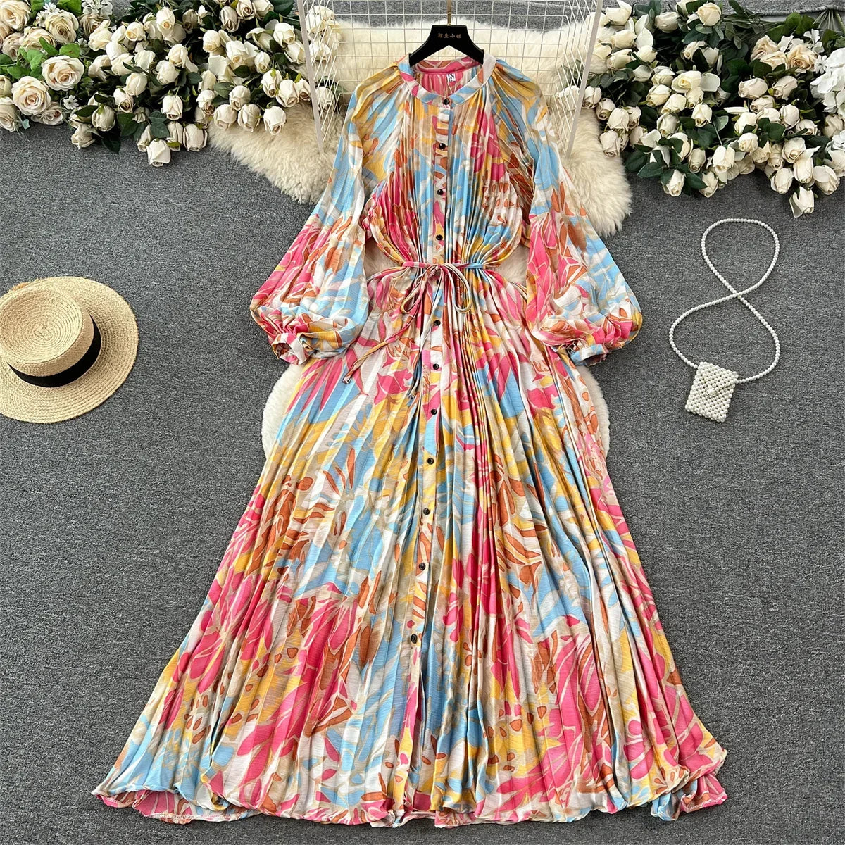 Retro Print Elegant Pleated Lantern Long Sleeve O Neck Single Breasted Dress A-line  Casual High Waist Women Summer Dresses