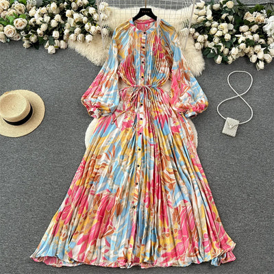 Retro Print Elegant Pleated Lantern Long Sleeve O Neck Single Breasted Dress A-line  Casual High Waist Women Summer Dresses