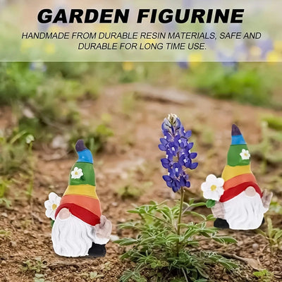 Garden Gnome Figurine with Rainbow Hat Miniature Ornaments Cute Mini Dwarf Planter Flowerpot Decor Accessories