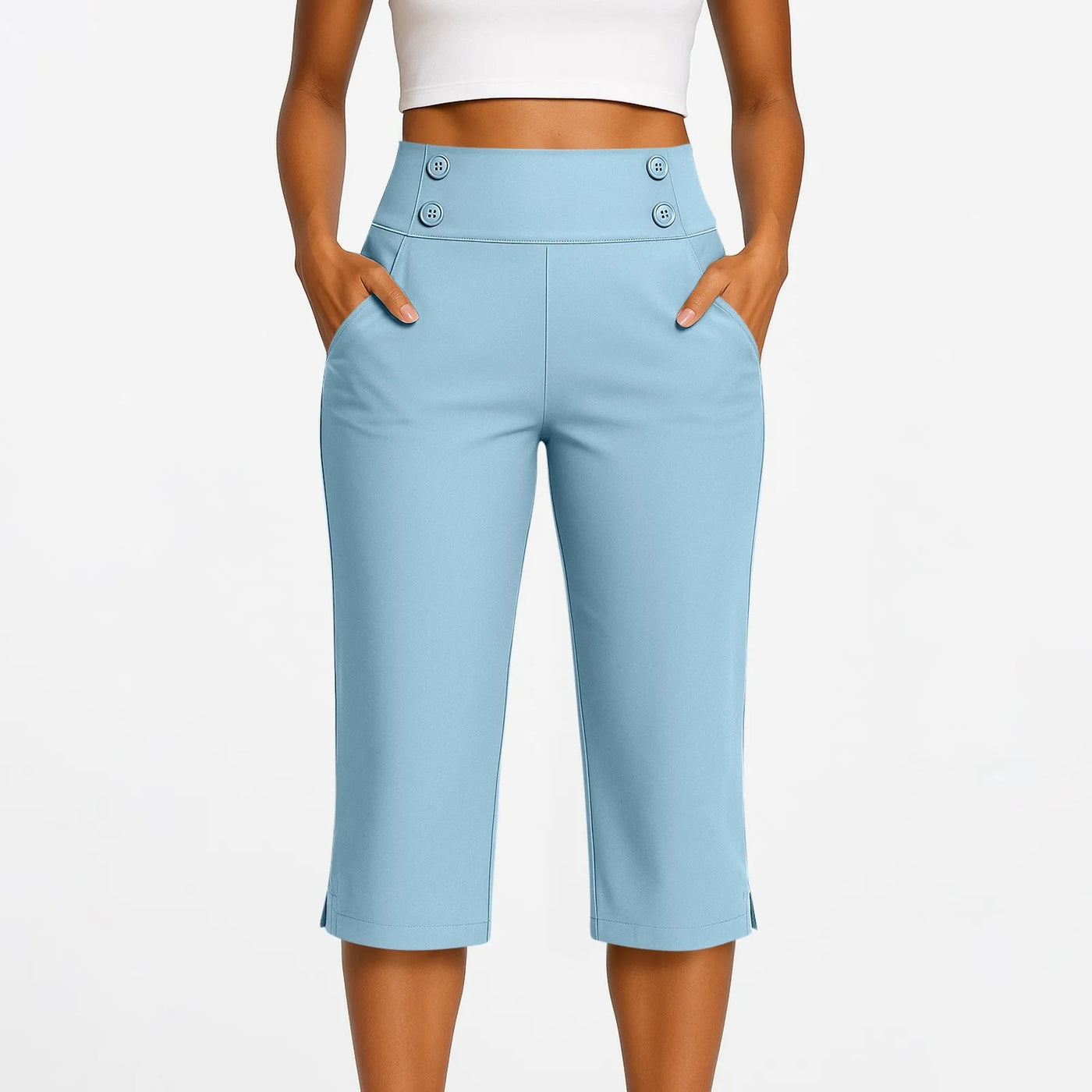 Women Elastic High Waist 3/4 Pant Casual Active Fit Wide Capris Leg Pants Trousers With Pockets Pants Woman брюки женские