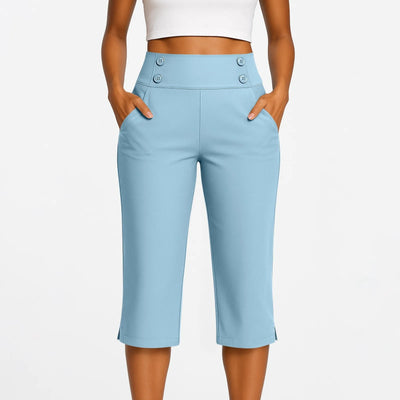 Women Elastic High Waist 3/4 Pant Casual Active Fit Wide Capris Leg Pants Trousers With Pockets Pants Woman брюки женские