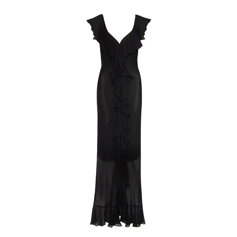 Summer Women Floral Bohemian Dress Elegant Chiffon Sleeveless V Neck Irregualr Slit Long Dress Sexy Slim Ruffle Vacation Dress