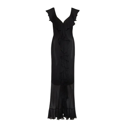 Summer Women Floral Bohemian Dress Elegant Chiffon Sleeveless V Neck Irregualr Slit Long Dress Sexy Slim Ruffle Vacation Dress