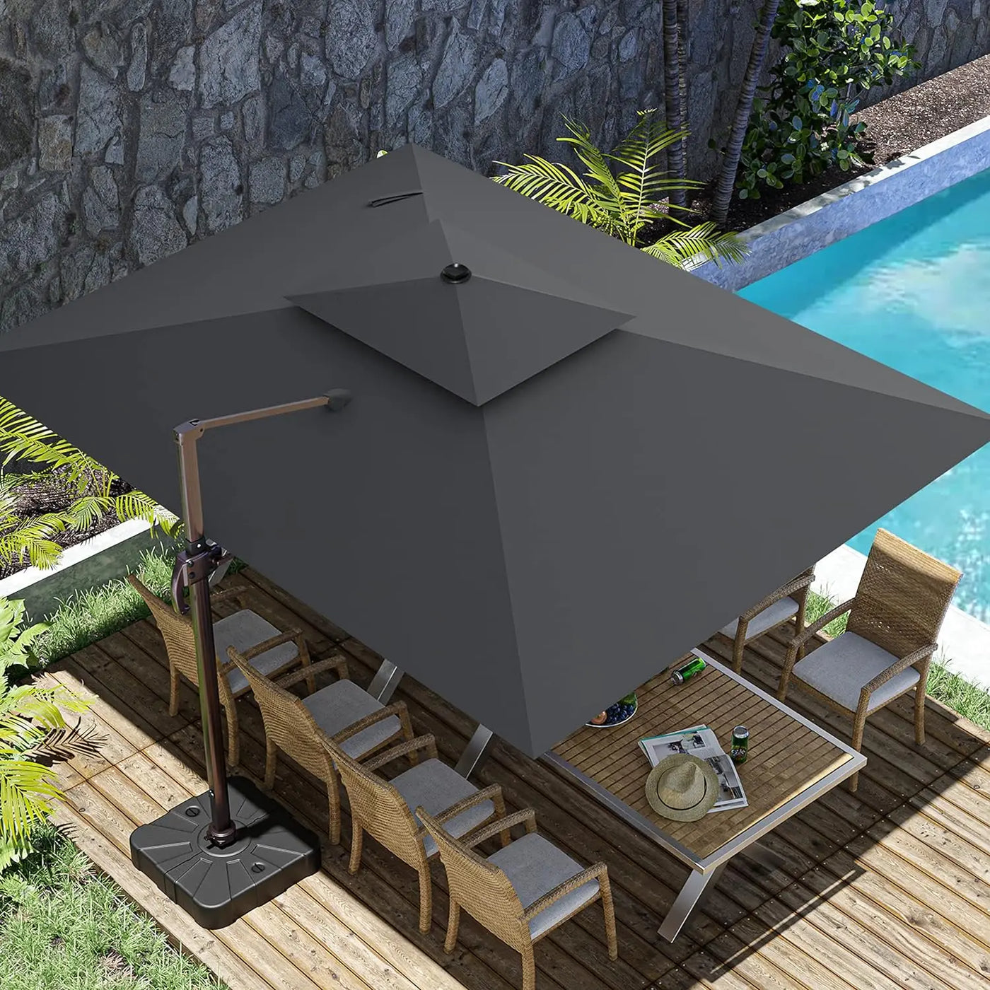Umbrella Patio Outdoor Parasol black10ft Offset Cantilever Garden Led With Solar Lights