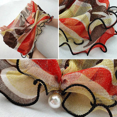 Women Ruffle Lace Scarf Pearl Pendant Chiffon Scarves Shiny Headscarf Thin High Elasticity Neck Wrap Organza Neck Collar Scarf