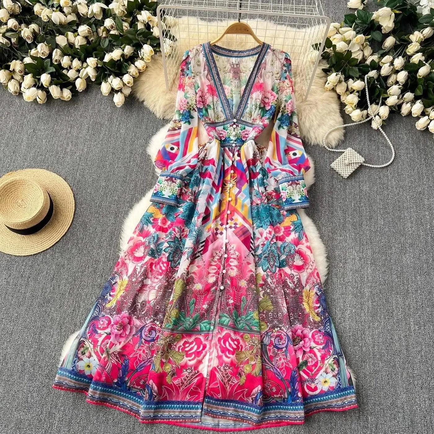 Summer Gorgeous Flower Dress Women Chiffon Clothing Sexy Deep V Neck Single Breasted Floral Print Beach Boho Long Robe Vestidos