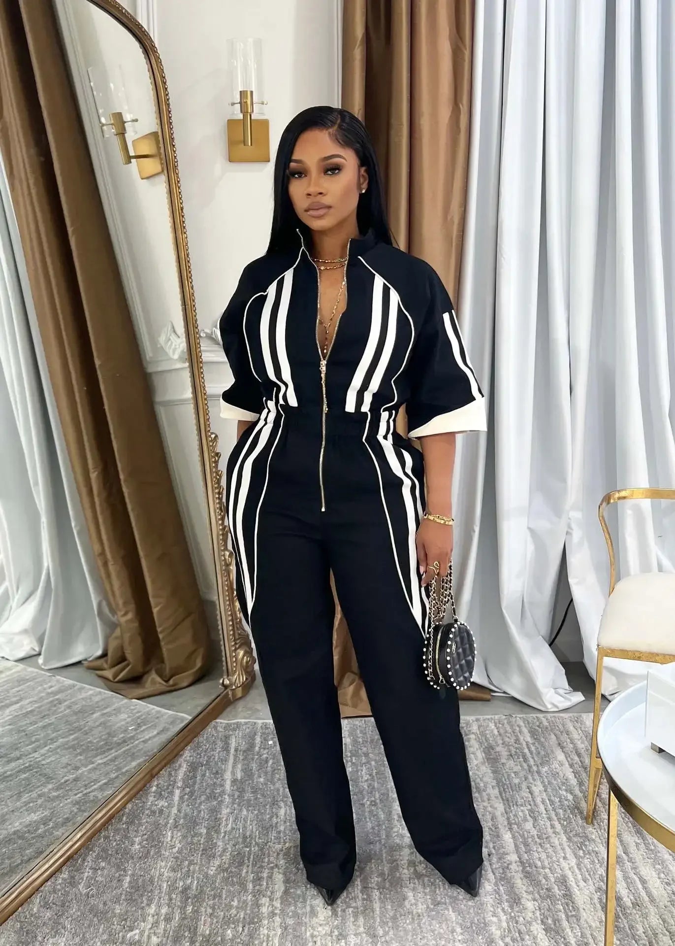 Women Jumpsuits For Spring 3/4 Sleeve Print Stripe Loose Fashion Streetwear Overalls Wide Leg Pants Trousers 2025 Summer