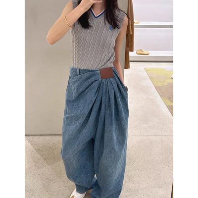 American Wide Leg Denim Pants For Women In Spring And Autumn Fashionable Pleated Design Loose Floor Length Pants