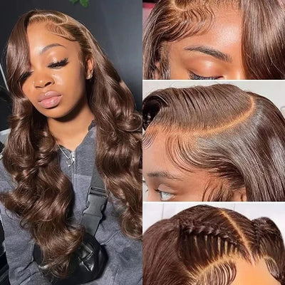 200 Density 13x4 HD Chocolate Brown Body Wave Lace Front Wig Human Hair Pre Plucked #4 Brown 13x6 Transparent Lace Frontal WigS