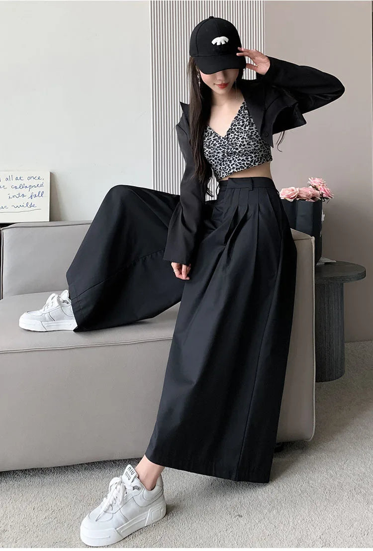 Oversize Wide Leg Pants For Women Gathered Waist Spliced Ruched Casual Solid Long Trousers Female Clothing Summer