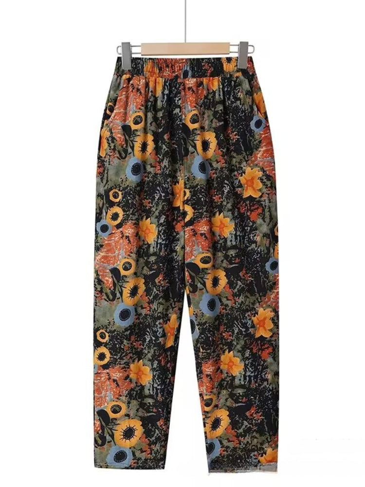 Fashion Printed Cotton Linen Harem Pants for Women 2025 Summer Casual High Waist Calf-Length Loose Trousers Female Streetwear