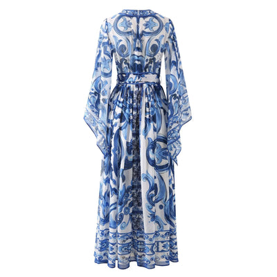 2025 Runway Designer Inspired Women's Silk Maxi Dress | Blue Floral Printed Wrap Dress | Summer Elegant Evening Gown