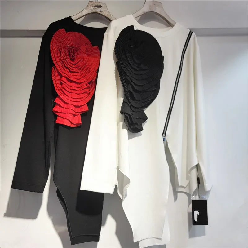 YEAE 2025 Spring New Items Fashion Flower Patchwork Loose T-shirts For Women Irregular Long Sleeves Tops Female