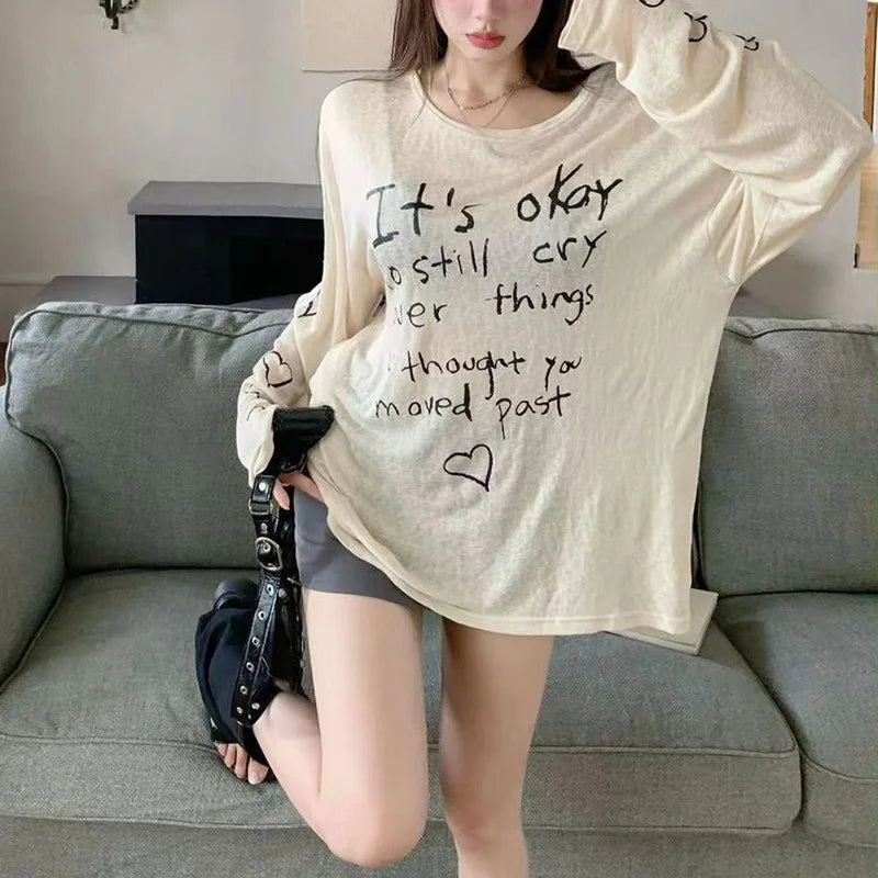 Women T-shirts Retro Letter Printed T-shirts Girls Casual Daily Long Sleeve Tops Lady Korean Fashion Baggy Clothes