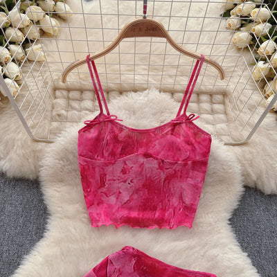 Women's Summer Sexy 2 Pieces Set New Chic Printed Spaghetti Strap Sleeveless Crop Top and Elastic Waist Ruffles Mini Skirt Suits