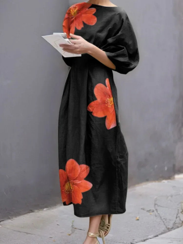Women's Summer Dresses 2025 Evening Dress Fashion Half Sleeves Loose Flower Print Round-Neck Midi Dresses Female Clothes