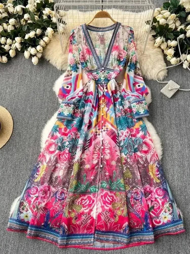 Summer Gorgeous Flower Dress Women Chiffon Clothing Sexy Deep V Neck Single Breasted Floral Print Beach Boho Long Robe Vestidos