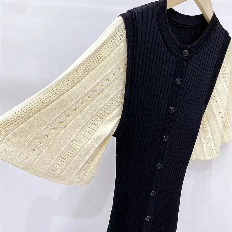 Classic Style Single Breasted Knitted Women Midi Dress O Neck Short Sleeve Hollow Out Spliced Lady Fishtail Dress