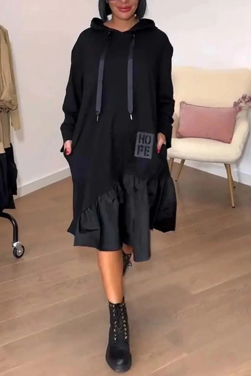 New Hooded Sweatshirt Dress For Women 2025 Spring Long-sleeved Printed Patchwork Dress Casual Loose Lace Up Long Dress Black