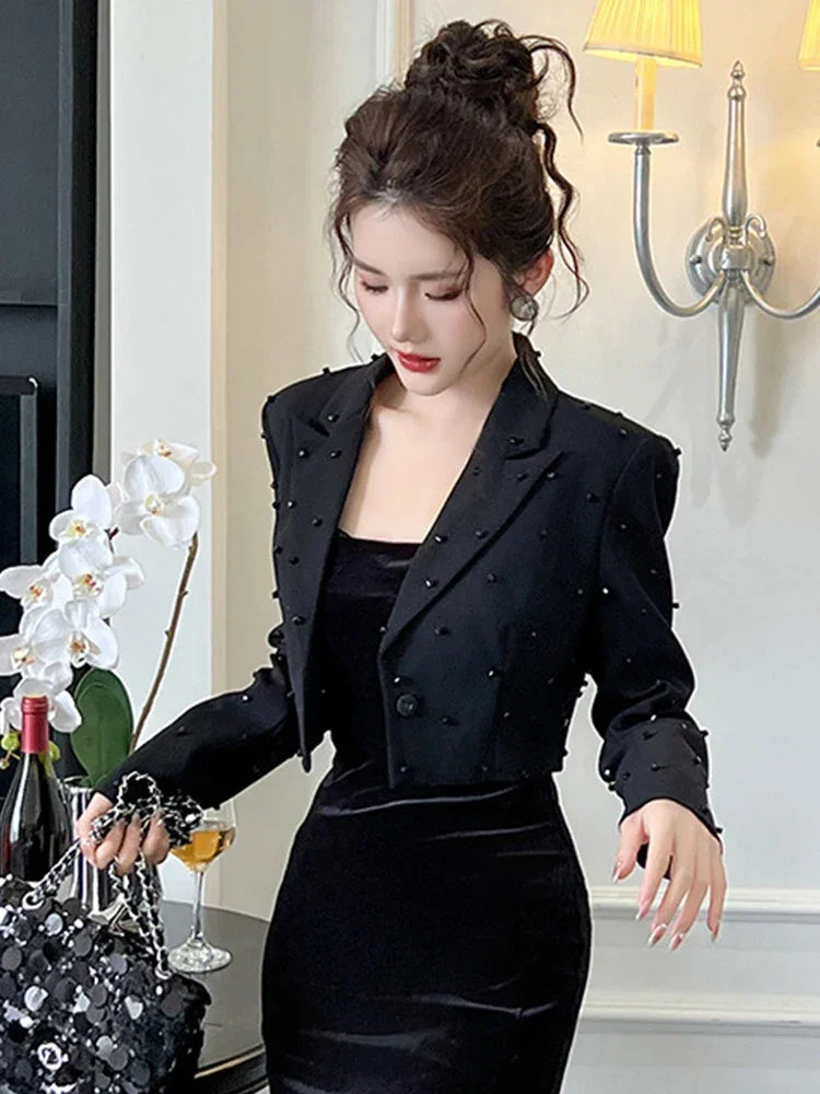 Fashion Chic Women's Blazer Office Lady Bright Black Long Sleeve Short Casual Party Coat Ladies Outerwear Stylish Cropped Tops